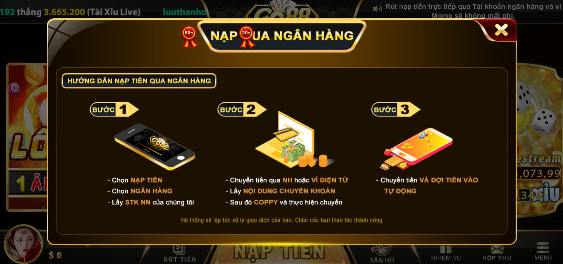 Hình thức chuyển tiền Go88 tại quầy ngân hàng